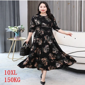Есенно-зимния женствена рокля голям размер 10xl 150 кг, голям размер 7XL 8xl 9xl, през цялата силует, дълъг ръкав, свободно еластична черна рокля