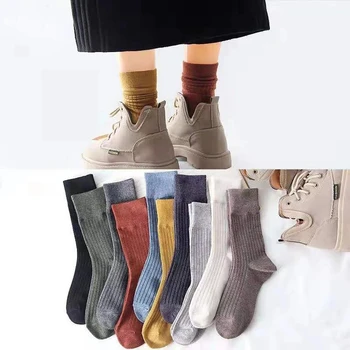 Пролетно-Есенни Памучни Трикотажни Дамски Чорапи на Райета, Обикновена Сладки Дълги Чорапи в Японски Стил за Жени, Дамски Чорапи в ретро стил Харадзюку